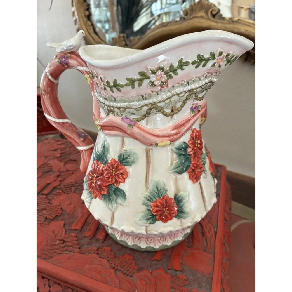 Cherub and Dove Poinsettia-like Floral Motif Decorative Pitcher Fairy Celestial